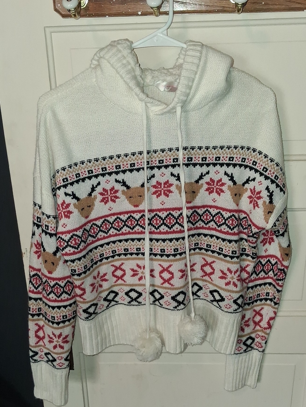 No Boundaries White Hooded Fair Isle Knit Sweatshirt with Reindeer Accents